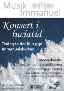 Konsert i luciatid 12/12 kl. 19:30 i Immanuelskyrkan, Jönköping