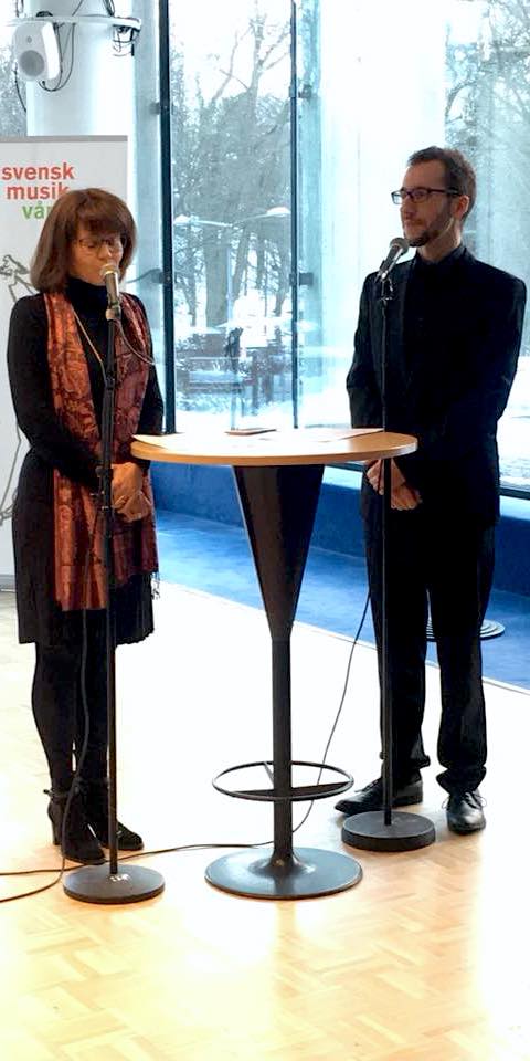 Victoria Borisova-Ollas and David Saulesco talking in Berwaldhallen, Stockholm